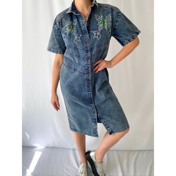 80s vintage blue denim acid wash embellished floral print retro midi jean dress - Picture 2 of 9